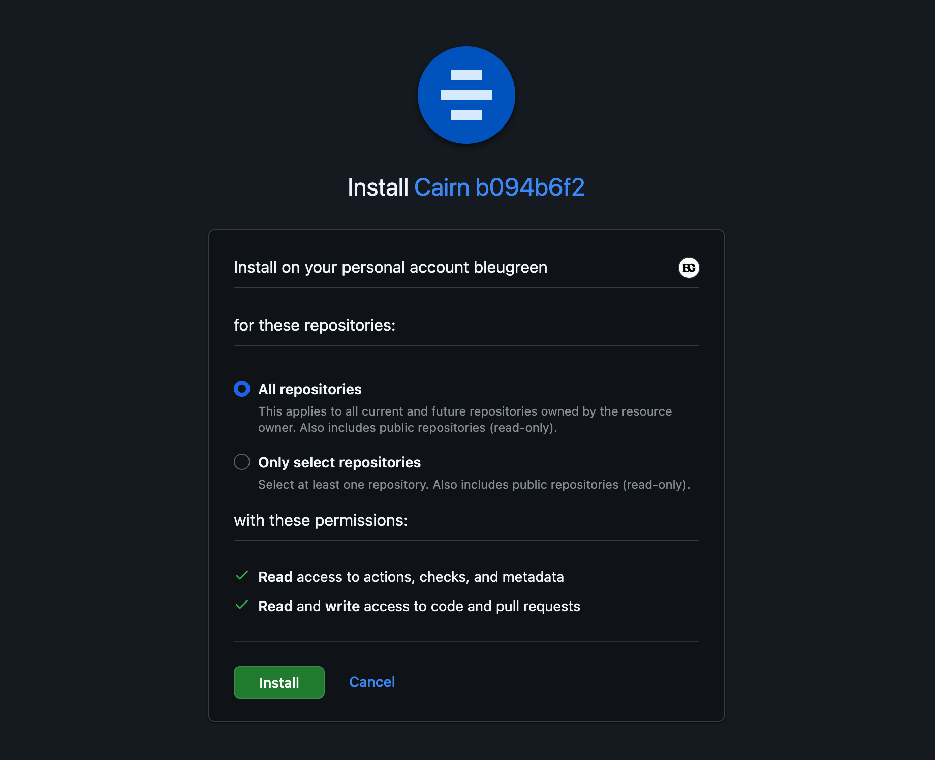 Install GitHub App screen